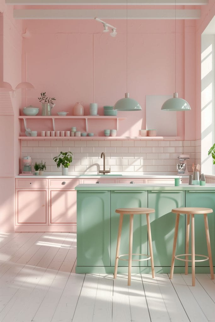 A dreamy pastel pink kitchen with soft pink walls and cabinets, complemented by mint green accents and white ceramic tiles. The design exudes vintage charm and elegance.