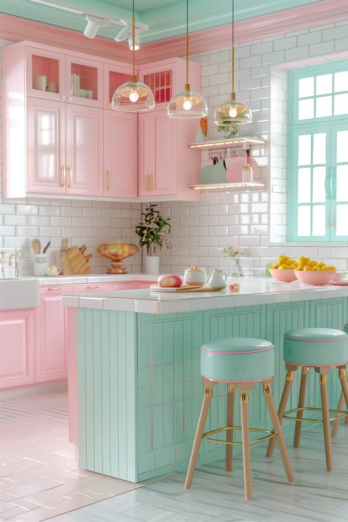 A dreamy pastel pink kitchen with soft pink cabinets, complemented by mint green accents and white ceramic tiles. The design exudes vintage charm and elegance.