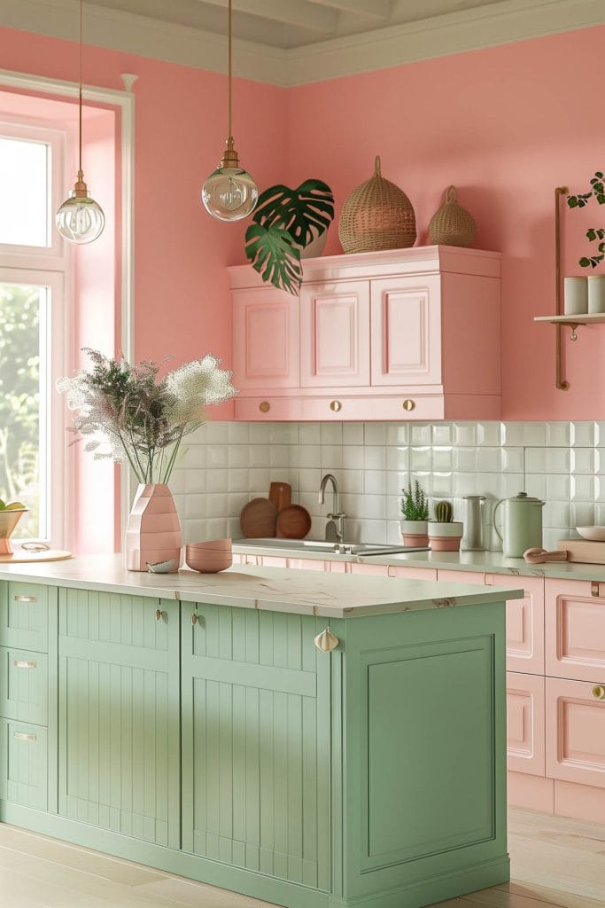 A dreamy pastel pink kitchen with soft pink walls and cabinets, complemented by mint green accents and white ceramic tiles. The design exudes vintage charm and elegance.