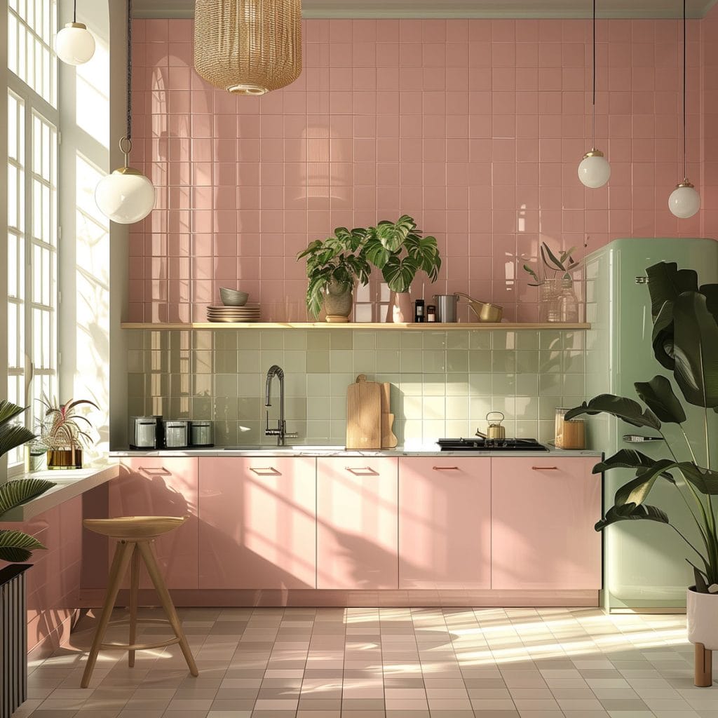 A dreamy pastel pink kitchen with soft pink cabinets, white walls complemented by mint green accents and white ceramic tiles. The design exudes vintage charm and elegance.