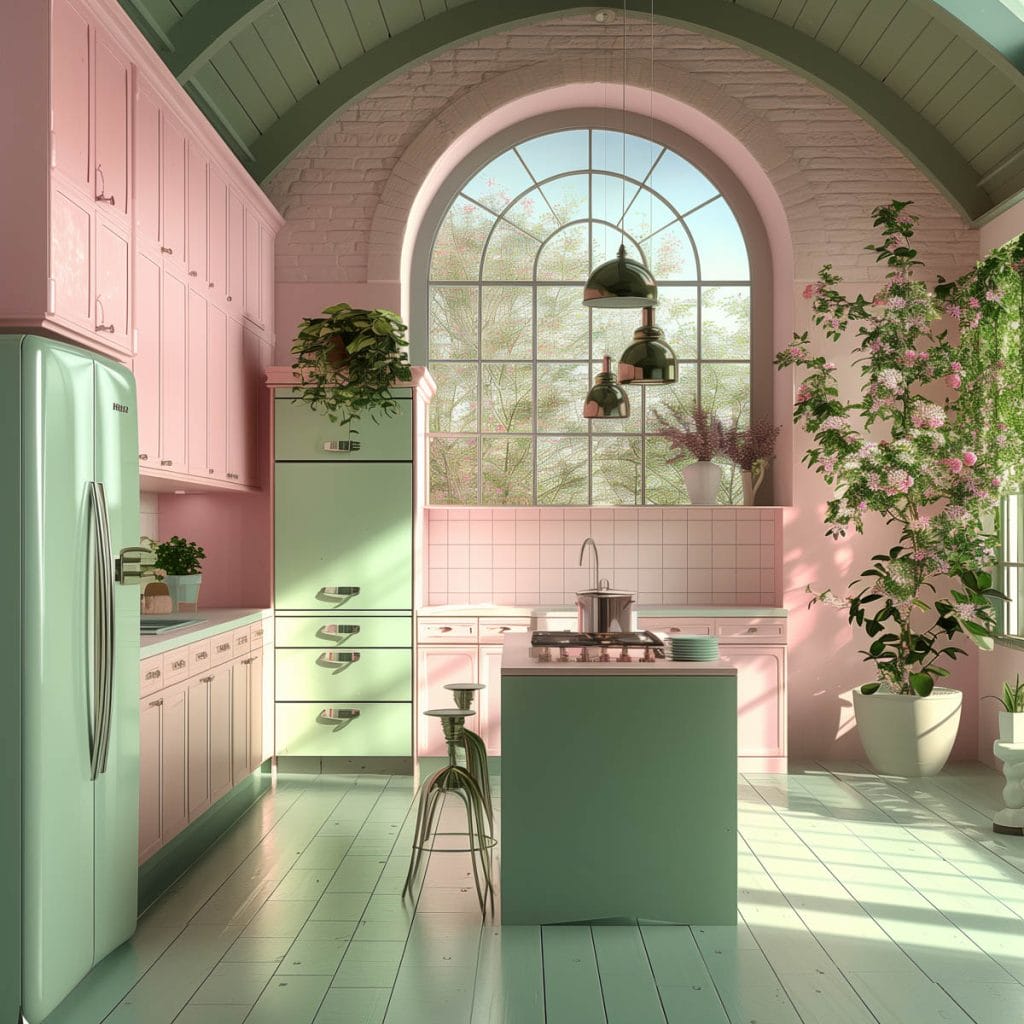 A dreamy pastel pink kitchen with soft pink walls and cabinets, complemented by mint green accents and white ceramic tiles. The design exudes vintage charm and elegance.