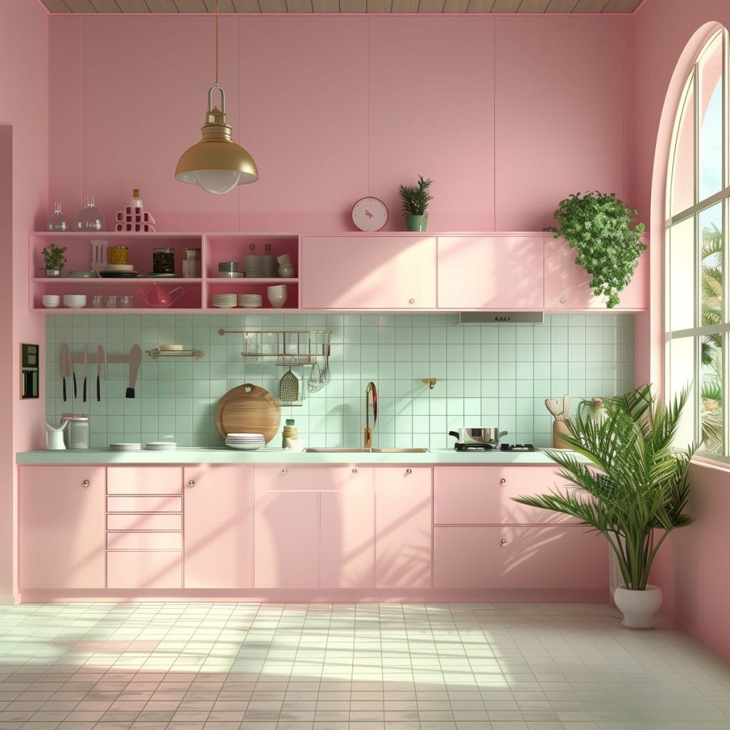 A dreamy pastel pink kitchen with soft pink walls and cabinets, complemented by mint green accents and mint green ceramic tiles. The design exudes vintage charm and elegance.