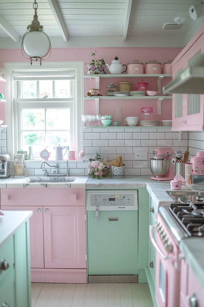 A dreamy pastel pink kitchen with soft pink walls and cabinets, complemented by mint green accents and white ceramic tiles. The design exudes vintage charm and elegance.