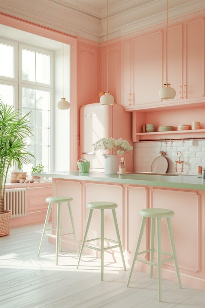 A dreamy pastel pink kitchen with soft pink cabinets, complemented by mint green accents and white ceramic tiles. The design exudes vintage charm and elegance.