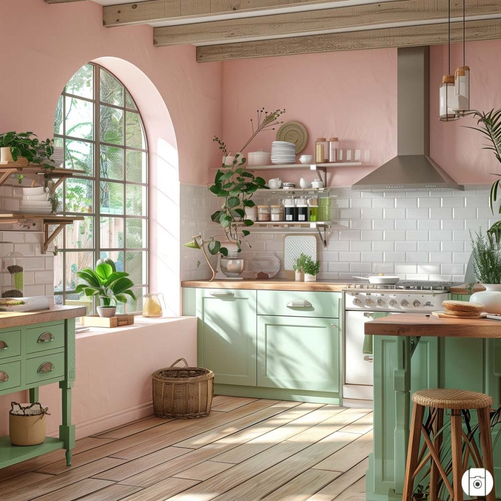 A dreamy pastel pink kitchen with soft pink walls, complemented by mint green accents and white ceramic tiles. The design exudes vintage charm and elegance.