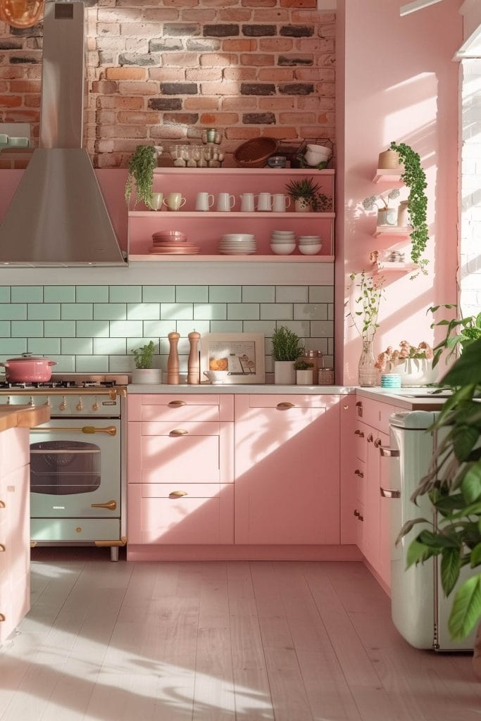 A dreamy pastel pink kitchen with soft pink walls and cabinets, complemented by mint green accents and white ceramic tiles. The design exudes vintage charm and elegance.