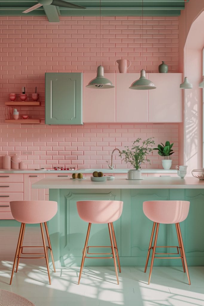 A dreamy pastel pink kitchen with soft pink walls and cabinets, complemented by mint green accents and white ceramic tiles. The design exudes vintage charm and elegance.