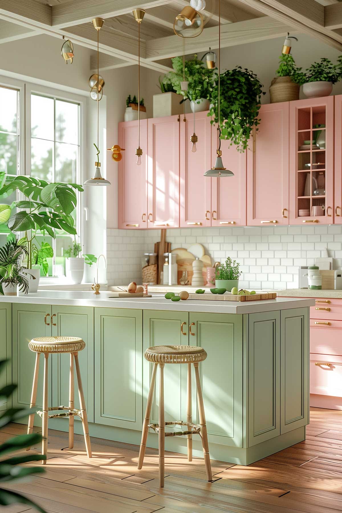 A dreamy pastel pink kitchen with soft pink cabinets, white walls complemented by mint green accents and white ceramic tiles. The design exudes vintage charm and elegance.