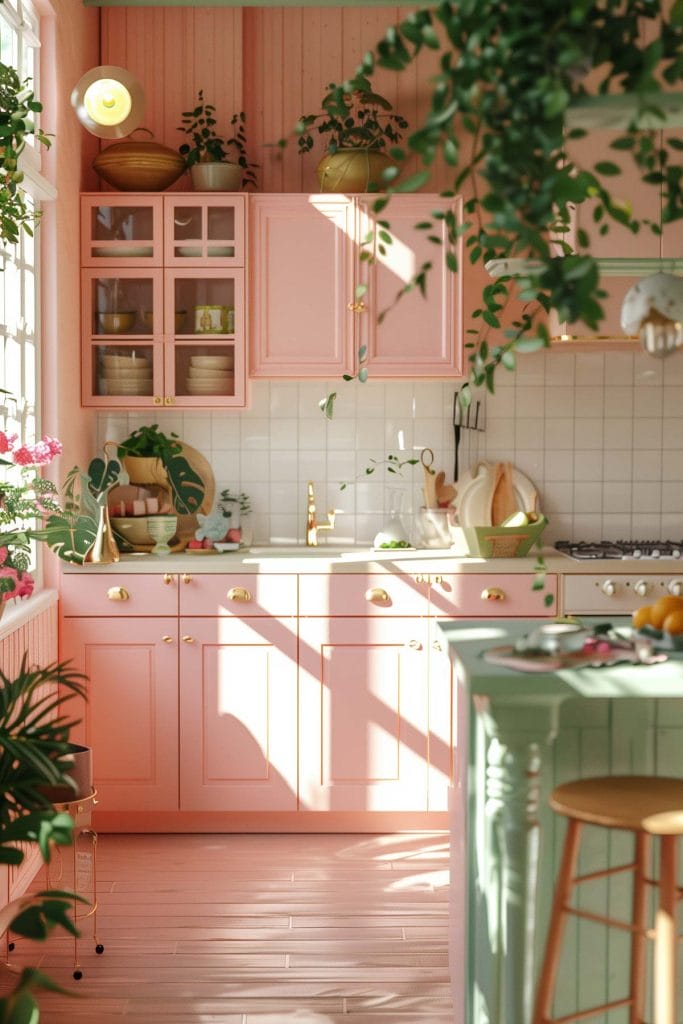 A dreamy pastel pink kitchen with soft pink walls and cabinets, complemented by mint green accents and white ceramic tiles. The design exudes vintage charm and elegance.