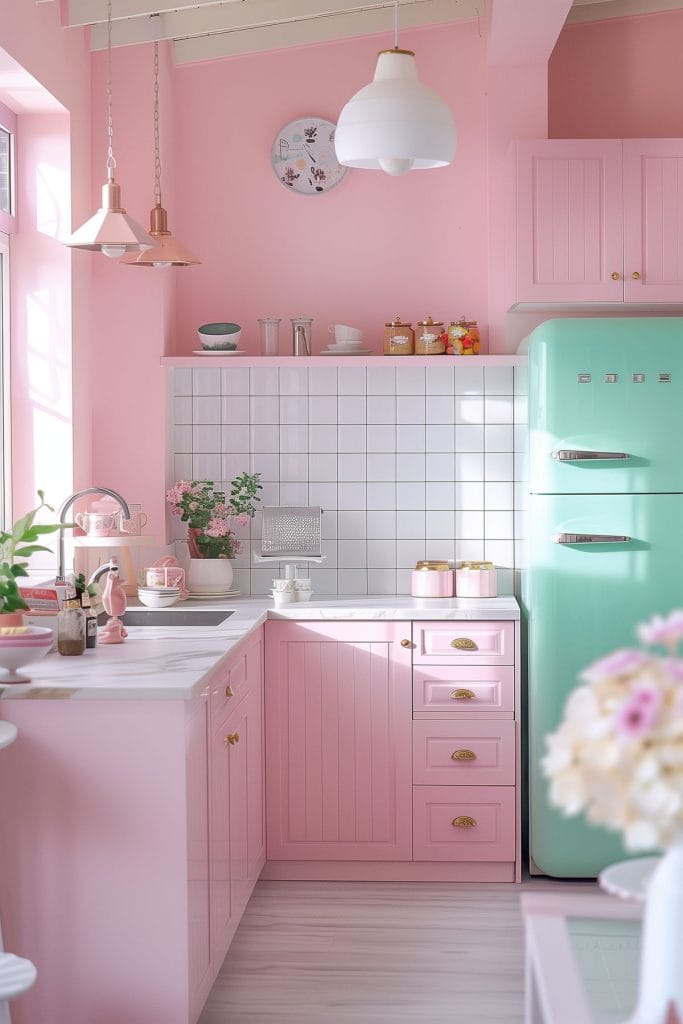 A dreamy pastel pink kitchen with soft pink walls and cabinets, complemented by mint green accents and white ceramic tiles. The design exudes vintage charm and elegance.