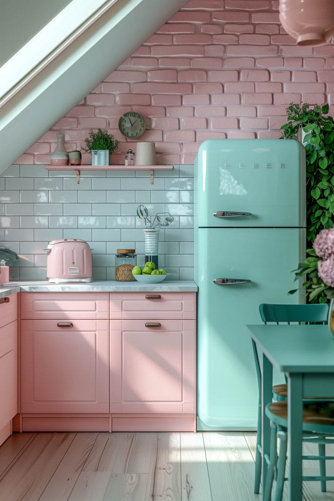 A dreamy pastel pink kitchen with soft pink cabinets, complemented by mint green accents and white ceramic tiles. The design exudes vintage charm and elegance.