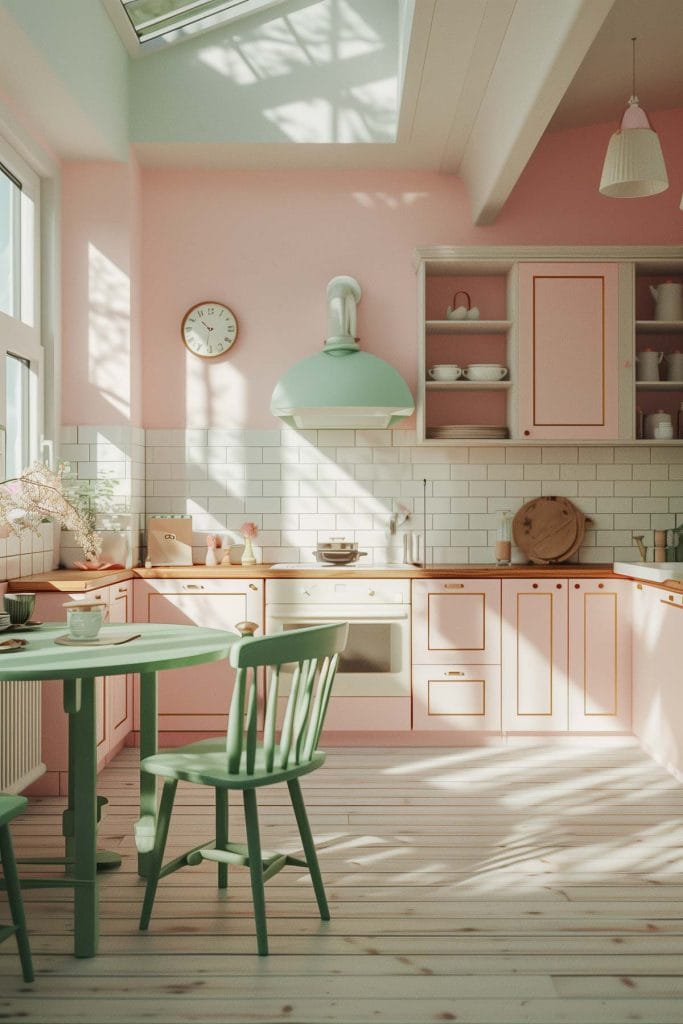 A dreamy pastel pink kitchen with soft pink walls and cabinets, complemented by mint green accents and white ceramic tiles. The design exudes vintage charm and elegance.