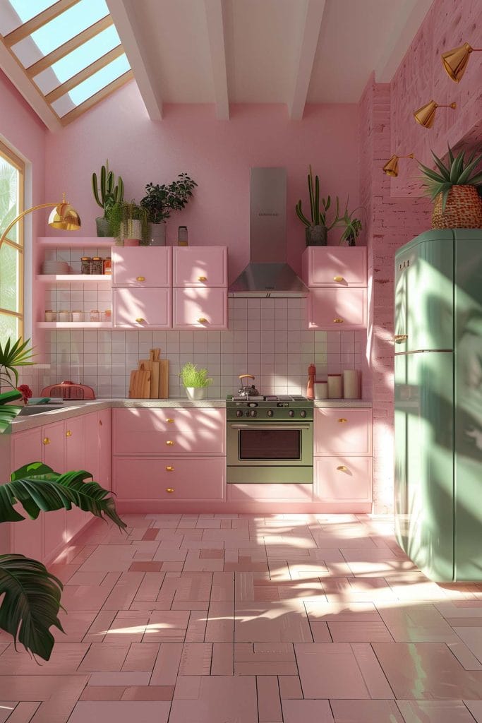 A dreamy pastel pink kitchen with soft pink walls and cabinets, complemented by mint green accents and white ceramic tiles. The design exudes vintage charm and elegance.