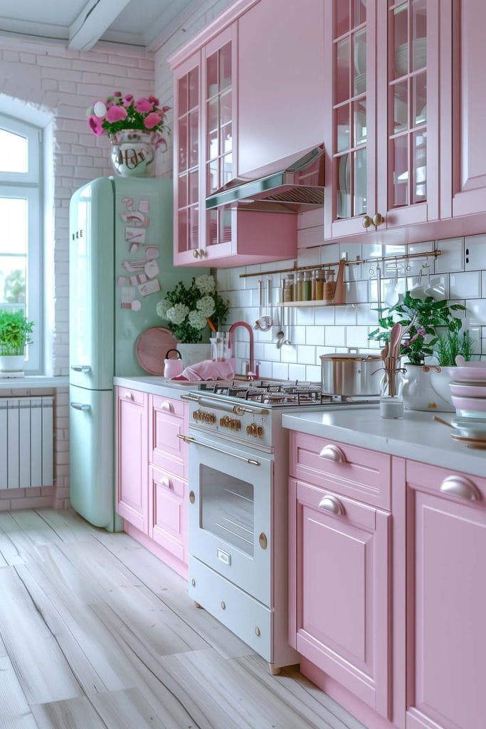 A dreamy pastel pink kitchen with soft pink cabinets, complemented by mint green accents and white ceramic tiles. The design exudes vintage charm and elegance.