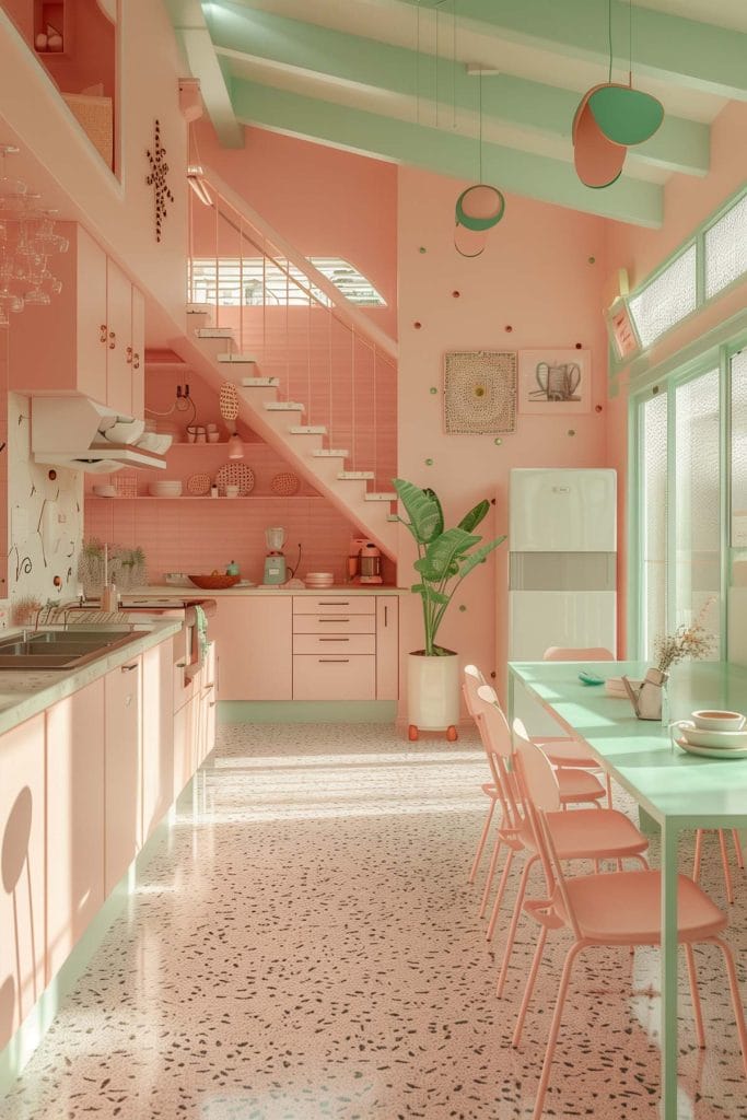 A dreamy pastel pink kitchen with soft pink walls and cabinets, complemented by mint green accents and white ceramic tiles. The design exudes vintage charm and elegance.