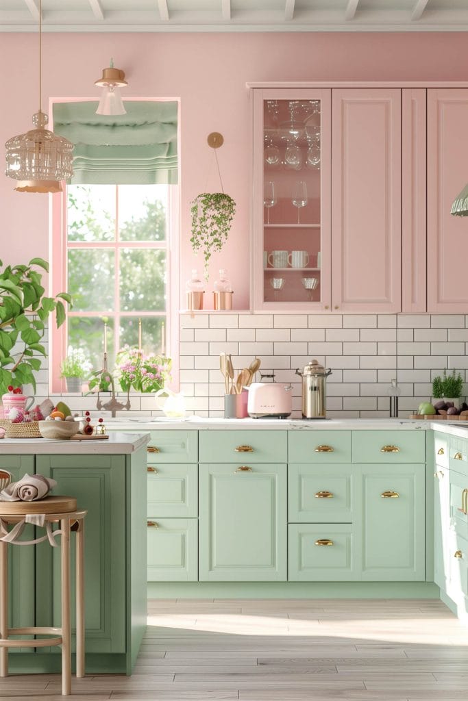 A dreamy pastel pink kitchen with soft pink walls and cabinets, complemented by mint green accents and white ceramic tiles. The design exudes vintage charm and elegance.