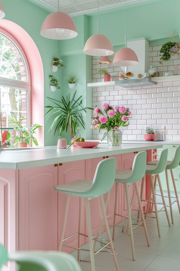 A dreamy pastel pink kitchen with soft pink cabinets, complemented by mint green accents, walls and white ceramic tiles. The design exudes vintage charm and elegance.