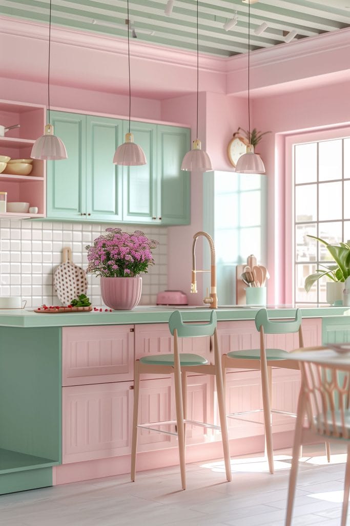 A dreamy pastel pink kitchen with soft pink walls, complemented by mint green accents, cabinets and white ceramic tiles. The design exudes vintage charm and elegance.