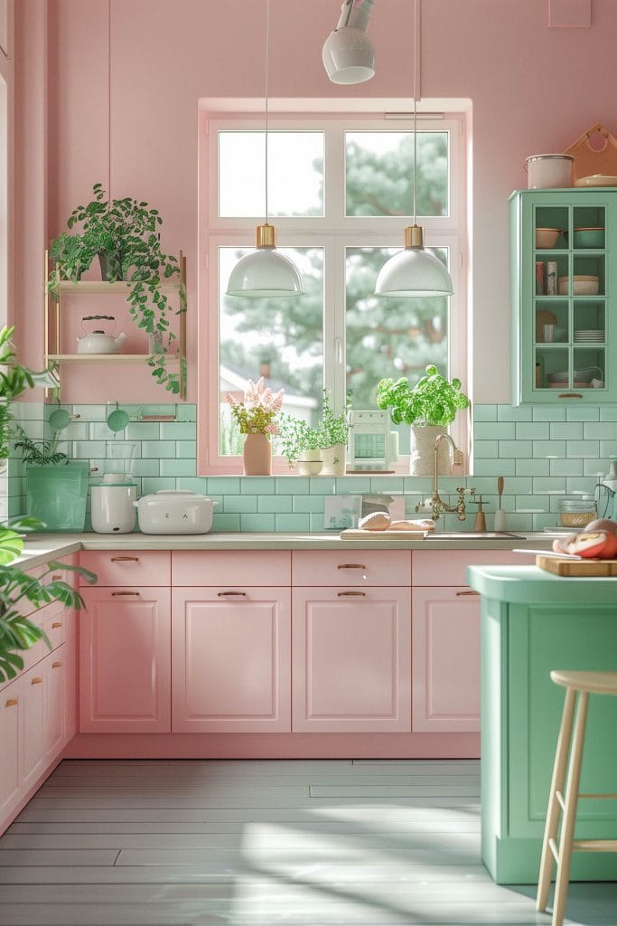 A dreamy pastel pink kitchen with soft pink walls and cabinets, complemented by mint green accents and ceramic tiles. The design exudes vintage charm and elegance.