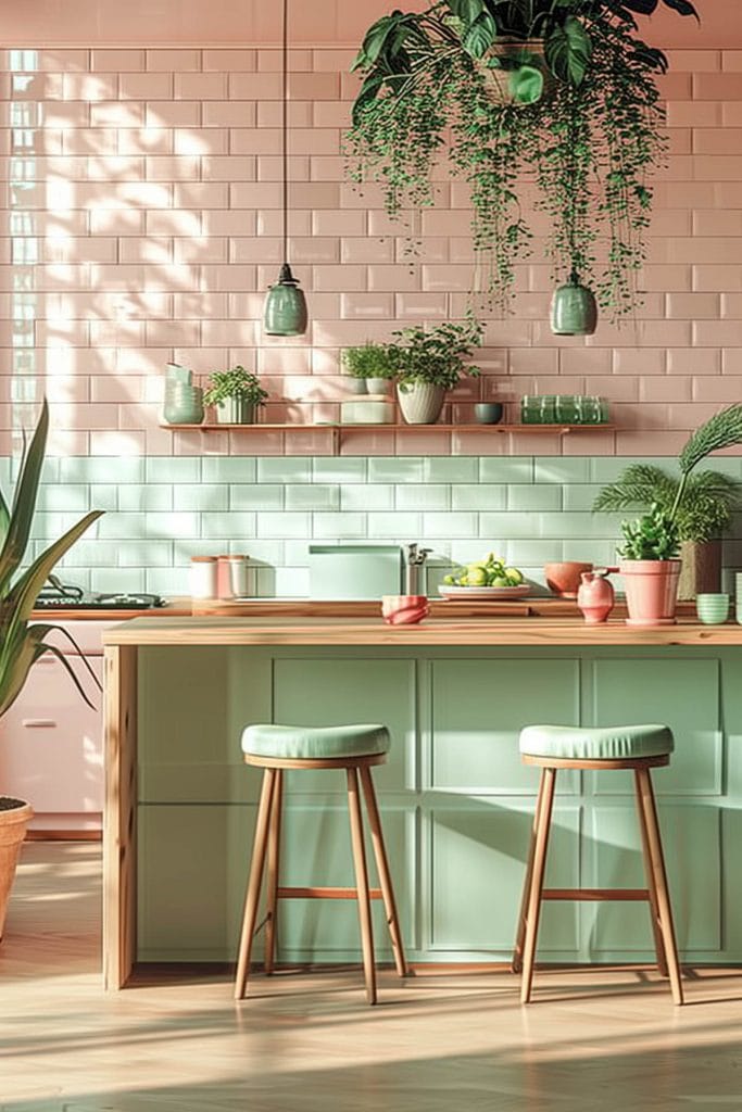 A dreamy pastel pink kitchen with soft pink walls and cabinets, complemented by mint green accents and mint green ceramic tiles. The design exudes vintage charm and elegance.