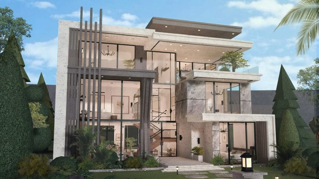 A contemporary home with a sleek design, large windows, and a lush green yard.