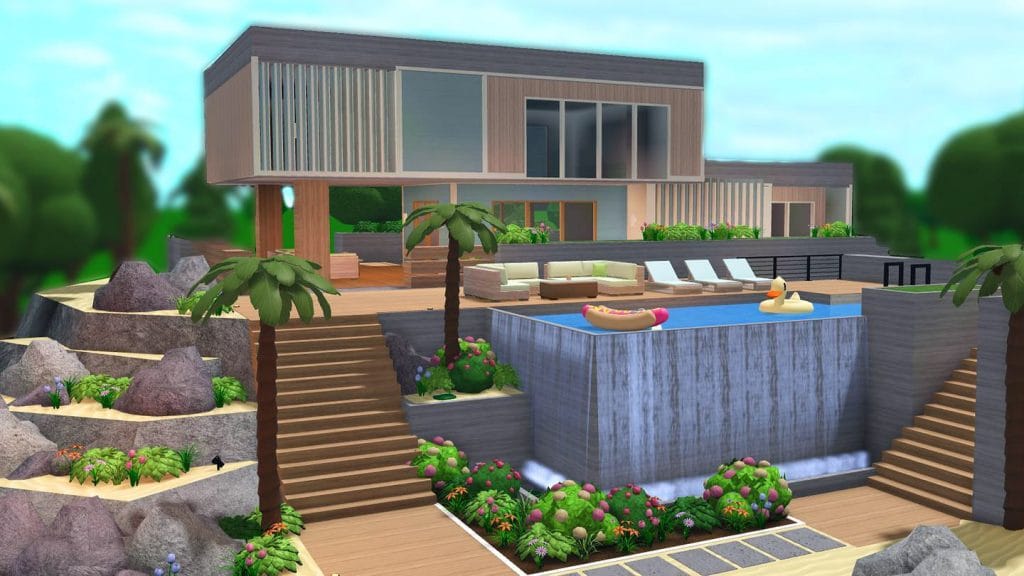 A beautiful beach house with a wooden deck, pool, and palm trees.