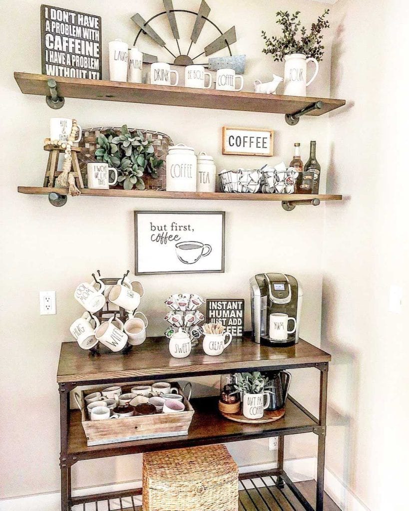 Coffee setup with a mix of rustic and modern elements, open shelving, and stylish decor for entertaining.