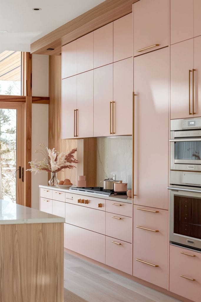 A mid-century modern kitchen with pink cabinetry, light wood accents, and minimalist design elements. The space features sleek lines and integrated appliances.