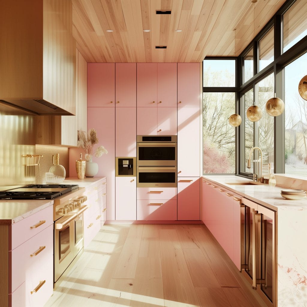 A mid-century modern kitchen with pink cabinetry, light wood accents, and minimalist design elements. The space features sleek lines and integrated appliances.