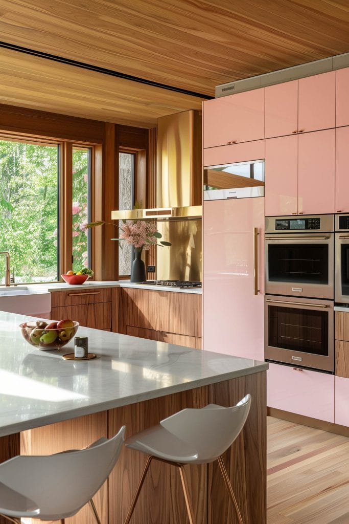 A mid-century modern kitchen with pink cabinetry, light wood accents, and minimalist design elements. The space features sleek lines and integrated appliances with a kitchen island and barstools.