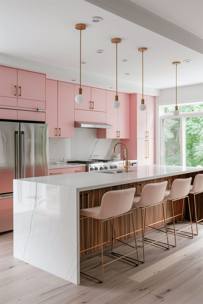 A mid-century modern kitchen with pink cabinetry, light wood accents, and minimalist design elements. The space features sleek lines and integrated appliances with a kitchen island and barstools.