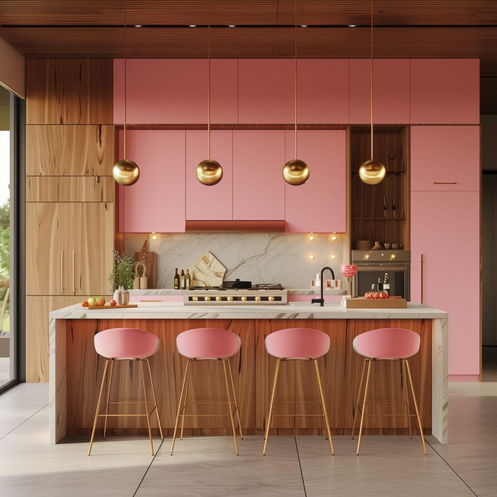 A mid-century modern kitchen with pink cabinetry, light wood accents, and minimalist design elements. The space features sleek lines, integrated appliances, and mid-century modern furniture.