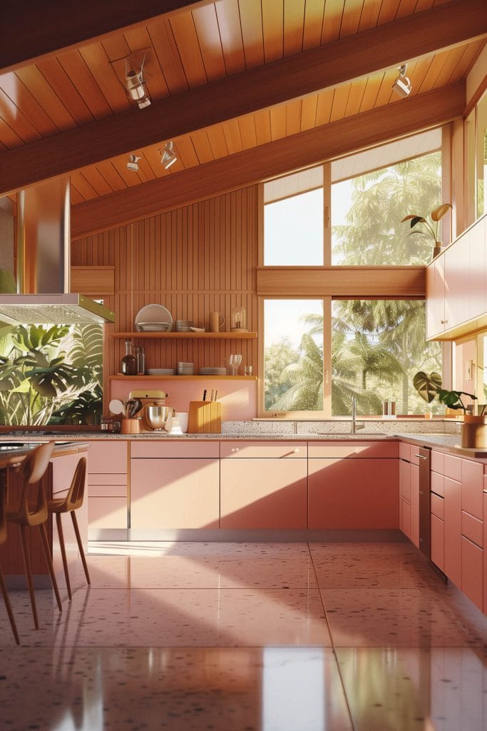 A mid-century modern kitchen with pink cabinetry, light wood accents, and minimalist design elements. The space features sleek lines and integrated appliances.