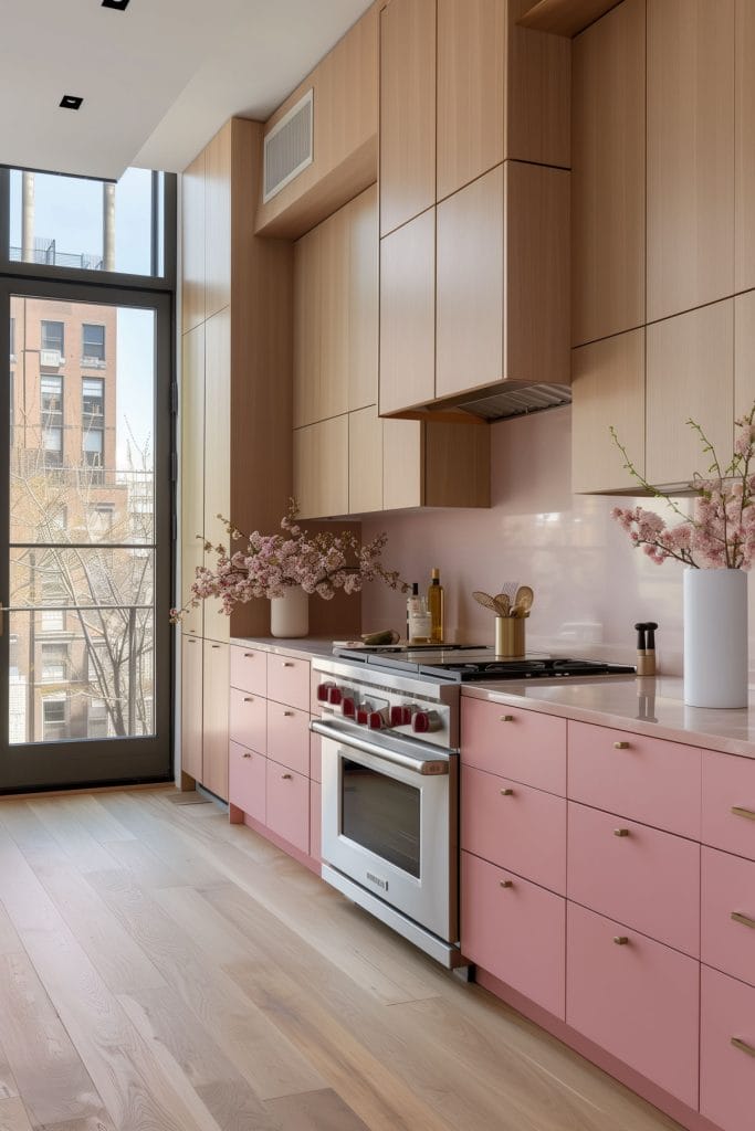 A mid-century modern kitchen with pink cabinetry, light wood accents, and minimalist design elements. The space features sleek lines and integrated appliances.