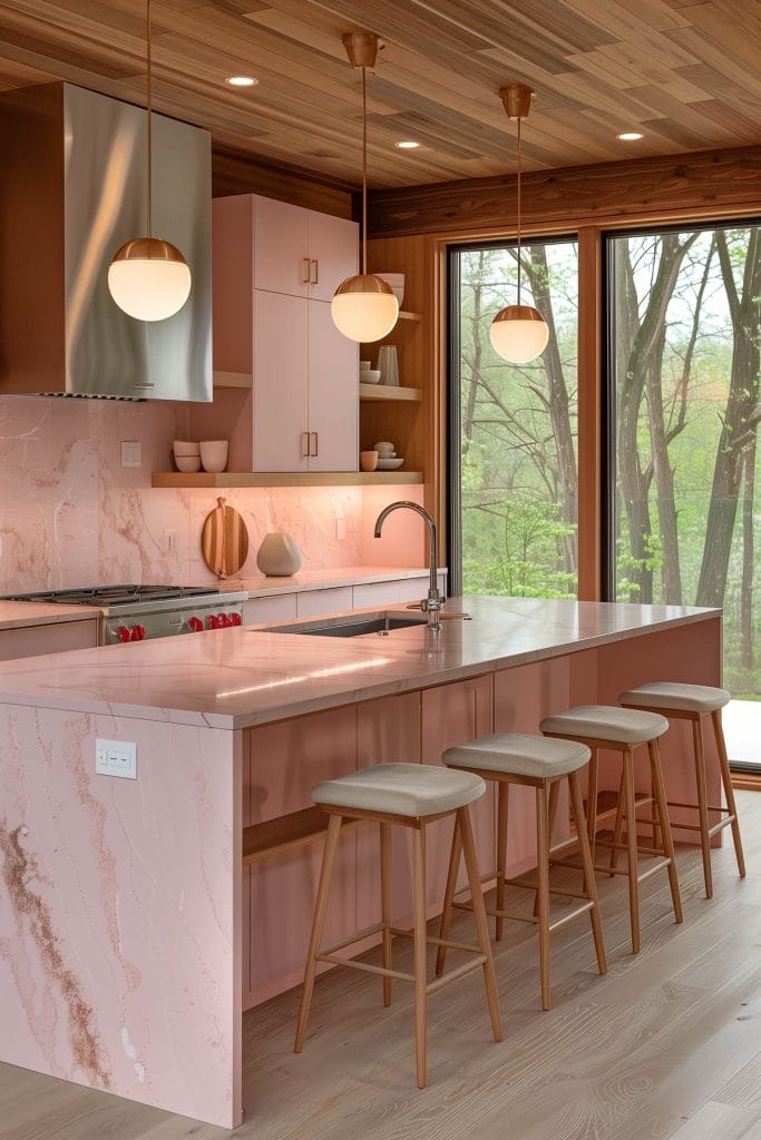 A mid-century modern kitchen with pink cabinetry, light wood accents, and minimalist design elements. The space features sleek lines and integrated appliances with a kitchen island and barstools.