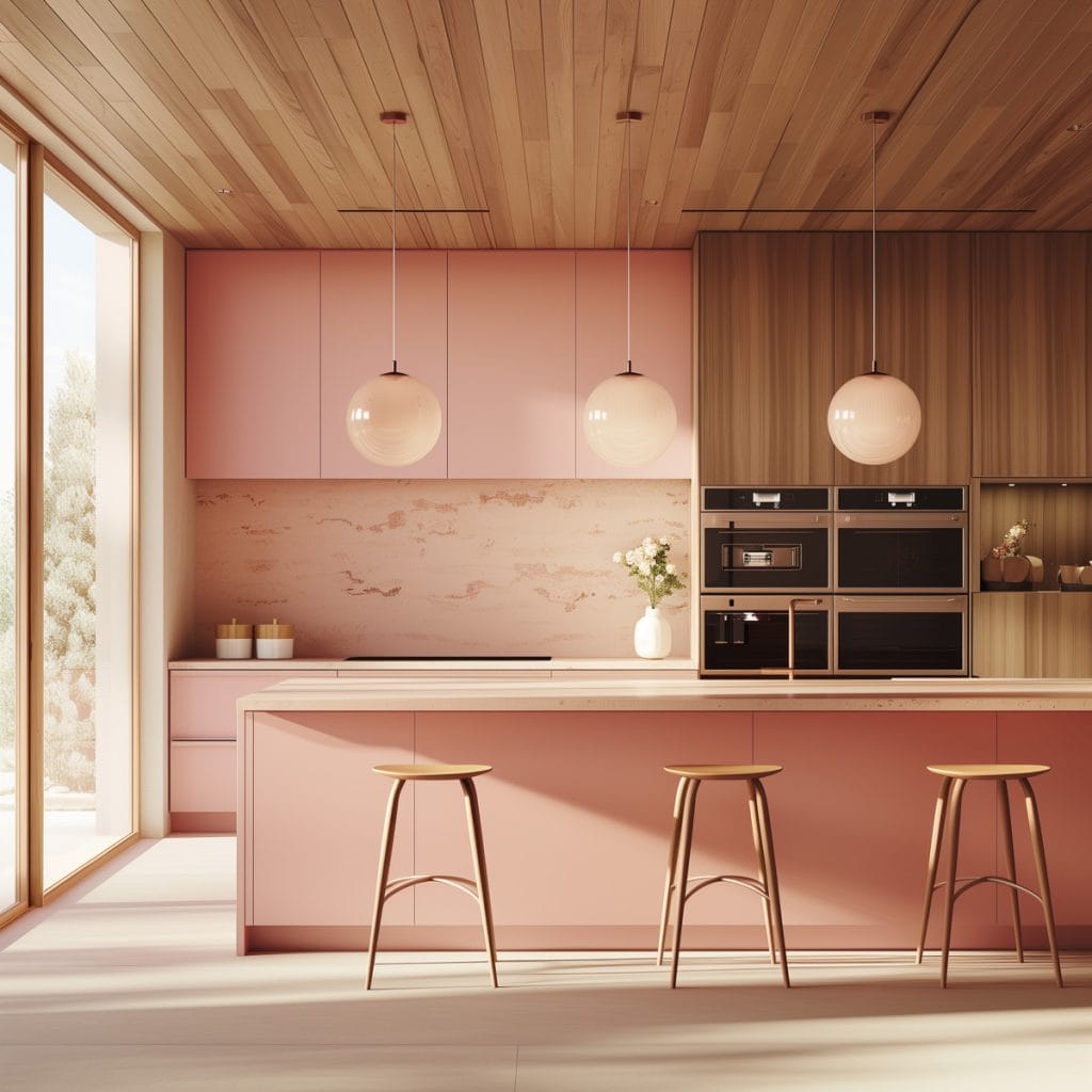 A mid-century modern kitchen with pink cabinetry, light wood accents, and minimalist design elements. The space features sleek lines and integrated appliances with a kitchen island and barstools.