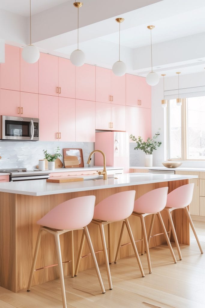 A mid-century modern kitchen with pink cabinetry, light wood accents, and minimalist design elements. The space features sleek lines and integrated appliances with a kitchen island and barstools.