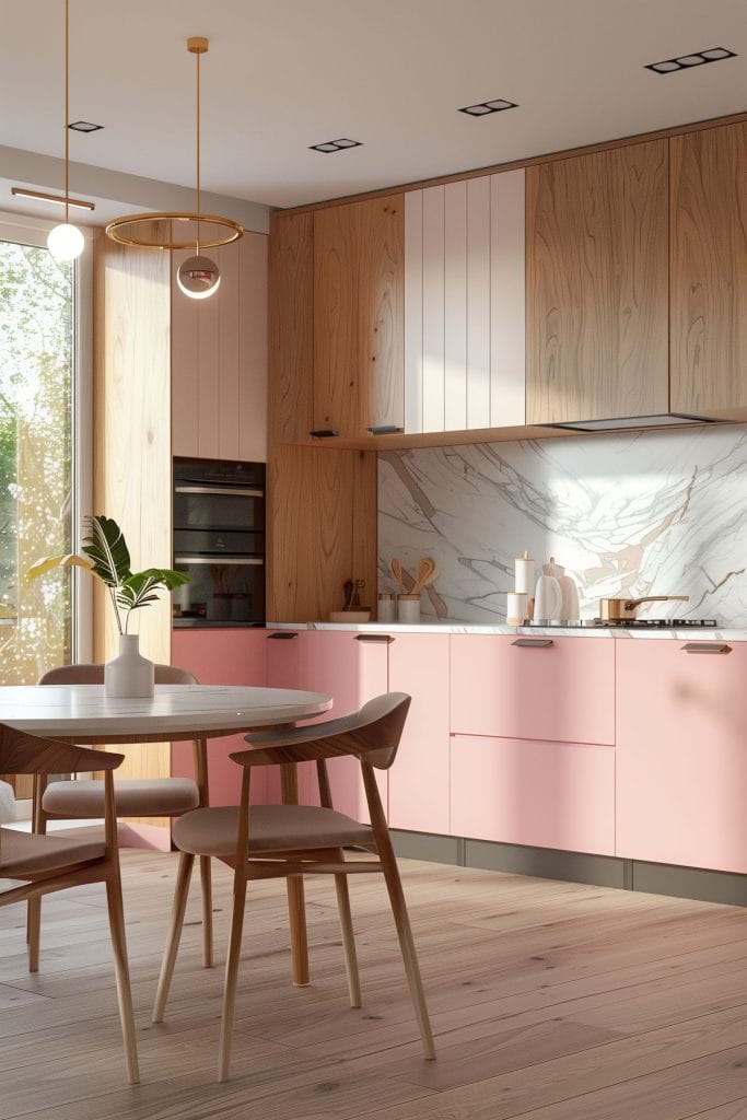 A mid-century modern kitchen with pink cabinetry, light wood accents, and minimalist design elements. The space features sleek lines and integrated appliances with a table and chairs.