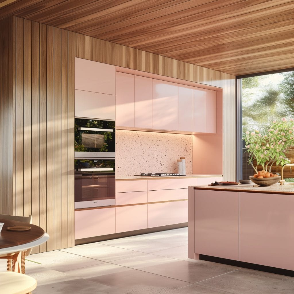 A mid-century modern kitchen with pink cabinetry, light wood accents, and minimalist design elements. The space features sleek lines and integrated appliances.