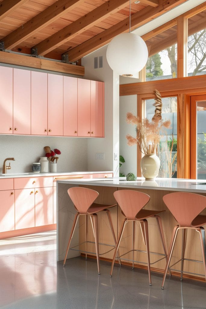 A mid-century modern kitchen with pink cabinetry, light wood accents, and minimalist design elements. The space features sleek lines and integrated appliances with a kitchen island and barstools.