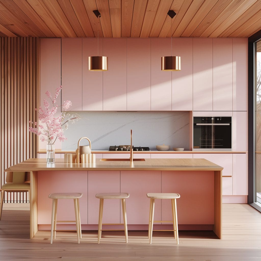 A mid-century modern kitchen with pink cabinetry, light wood accents, and minimalist design elements. The space features sleek lines, integrated appliances, and mid-century modern furniture.