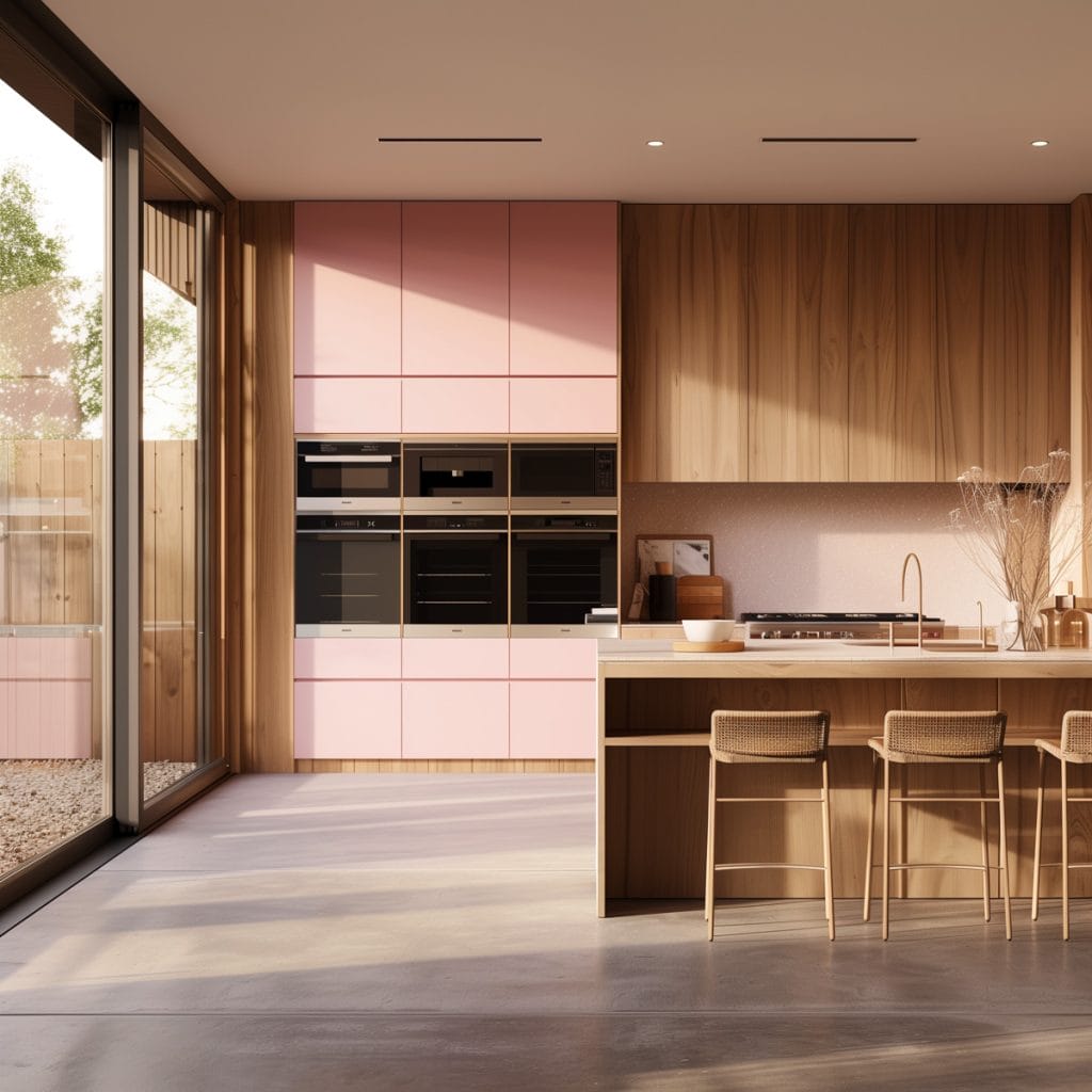 A mid-century modern kitchen with pink cabinetry, light wood accents, and minimalist design elements. The space features sleek lines and integrated appliances with a kitchen island and barstools.