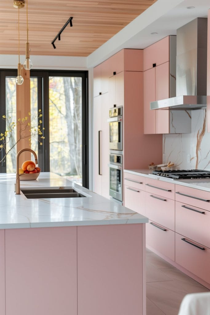 A mid-century modern kitchen with pink cabinetry, light wood accents, and minimalist design elements. The space features sleek lines and integrated appliances with a kitchen island.