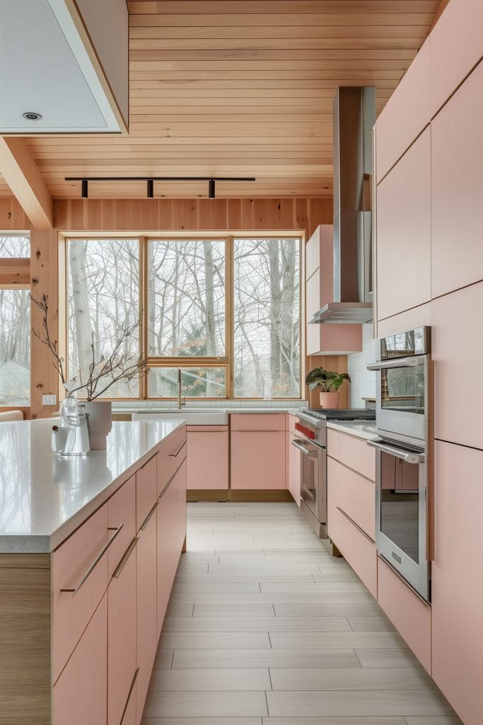 A mid-century modern kitchen with pink cabinetry, light wood accents, and minimalist design elements. The space features sleek lines and integrated appliances with a kitchen island.