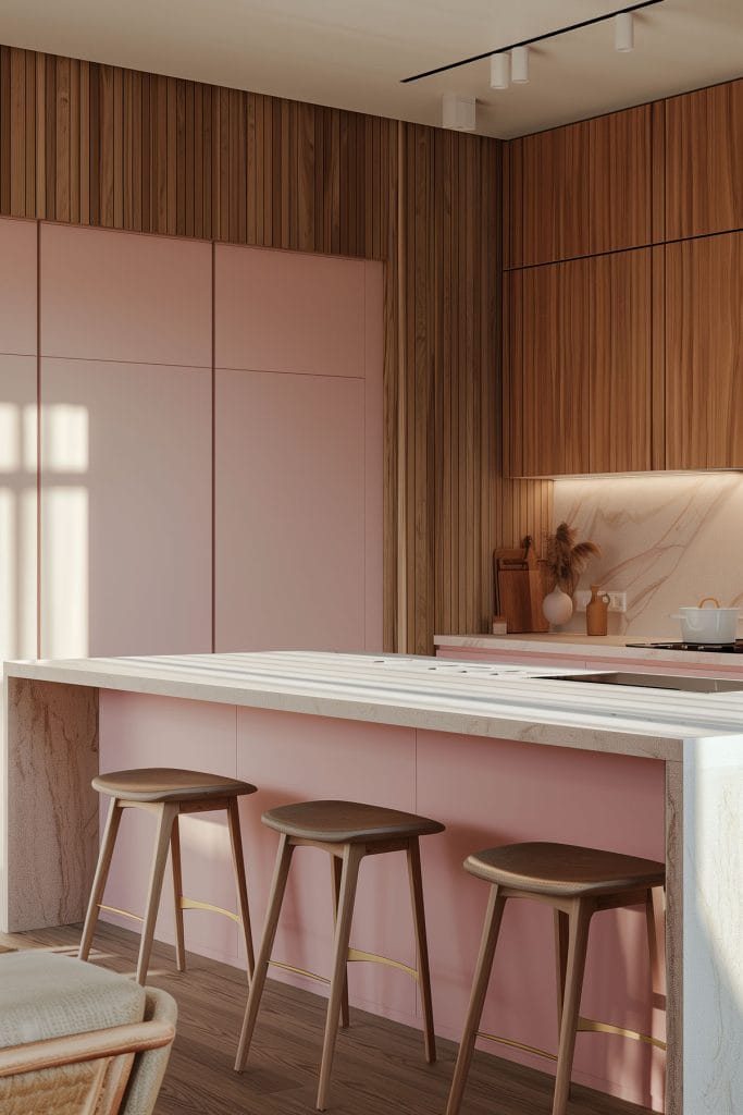 A mid-century modern kitchen with pink cabinetry, light wood accents, and minimalist design elements. The space features sleek lines and integrated appliances with a kitchen island and barstools.