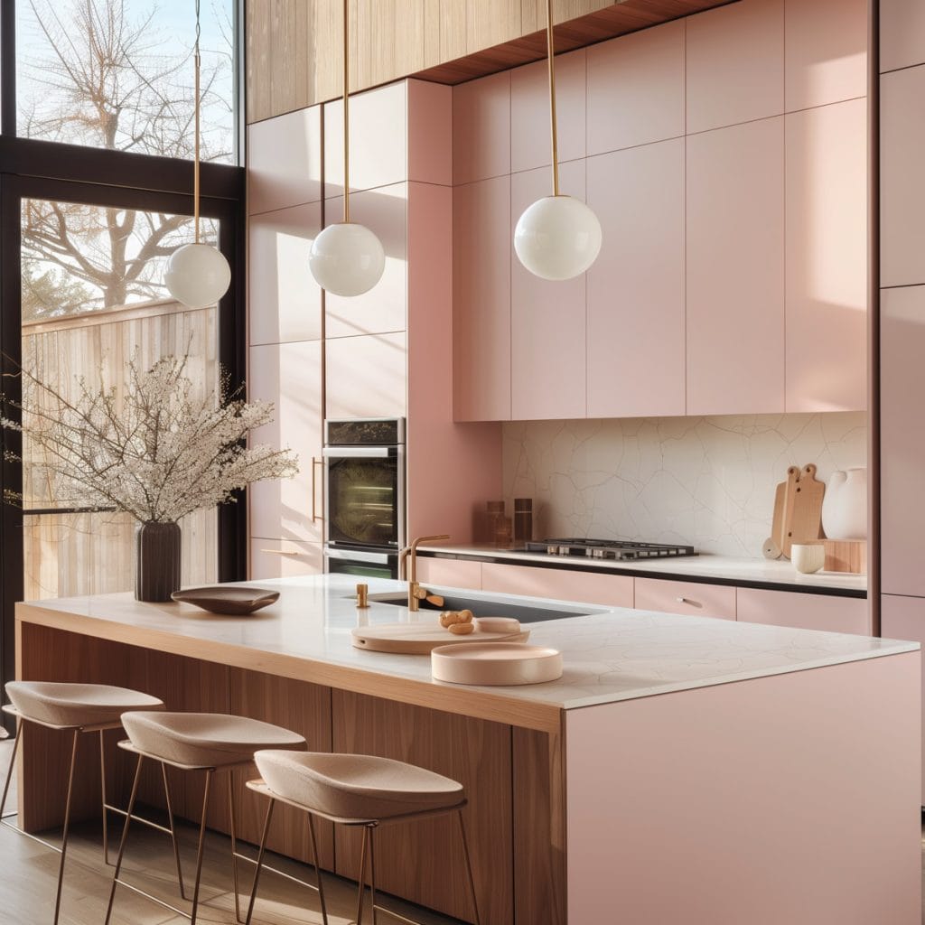 A mid-century modern kitchen with pink cabinetry, light wood accents, and minimalist design elements. The space features sleek lines and integrated appliances with a kitchen island and barstools.