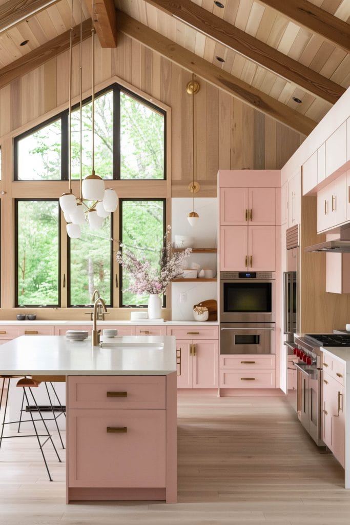 A mid-century modern kitchen with pink cabinetry, light wood accents, and minimalist design elements. The space features sleek lines and integrated appliances with a kitchen island.