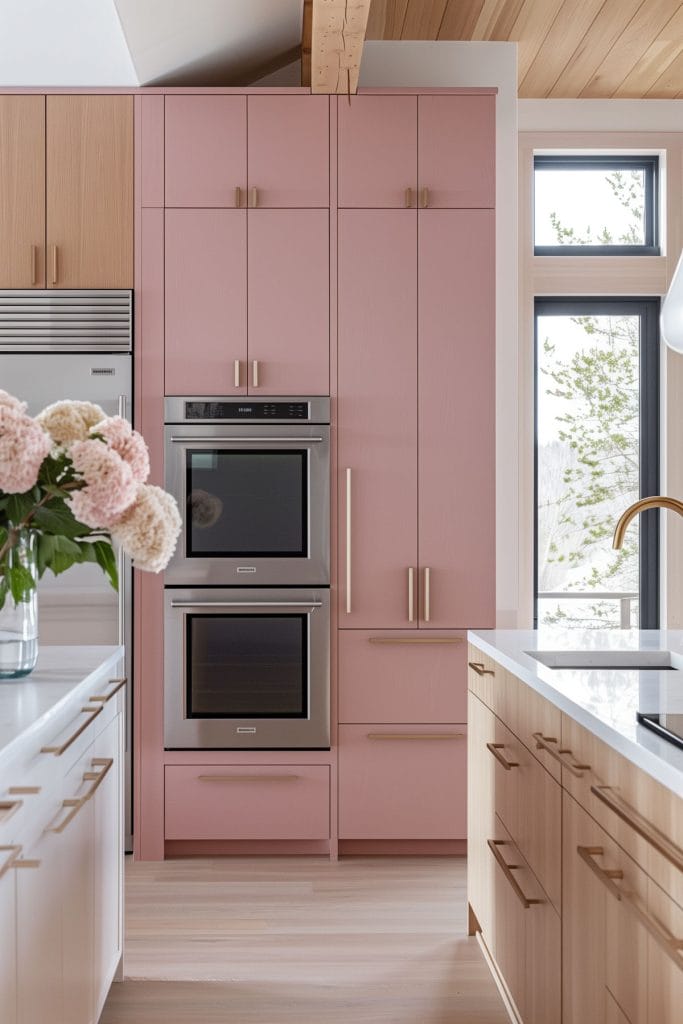 A mid-century modern kitchen with pink cabinetry, light wood accents, and minimalist design elements. The space features sleek lines and integrated appliances with a kitchen island.