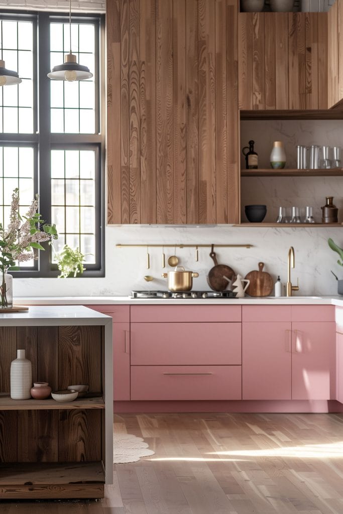 A mid-century modern kitchen with pink cabinetry, light wood accents, and minimalist design elements. The space features sleek lines and integrated appliances with a kitchen island.