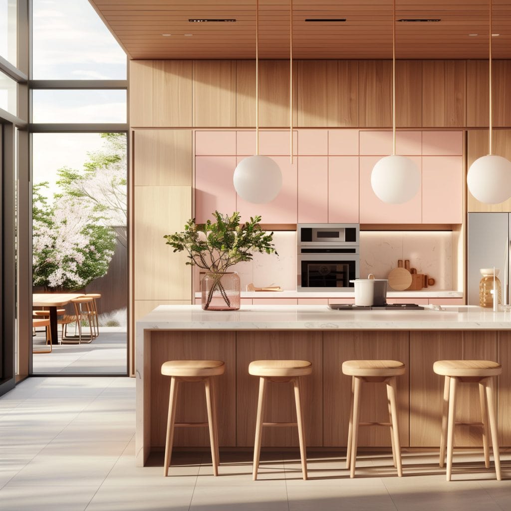 A mid-century modern kitchen with pink cabinetry, light wood accents, and minimalist design elements. The space features sleek lines and integrated appliances with a kitchen island and barstools.